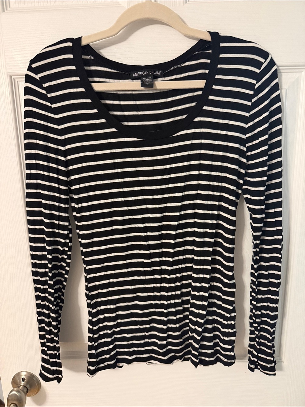 American Dream Navy and White Striped Long Sleeve Scoop Top